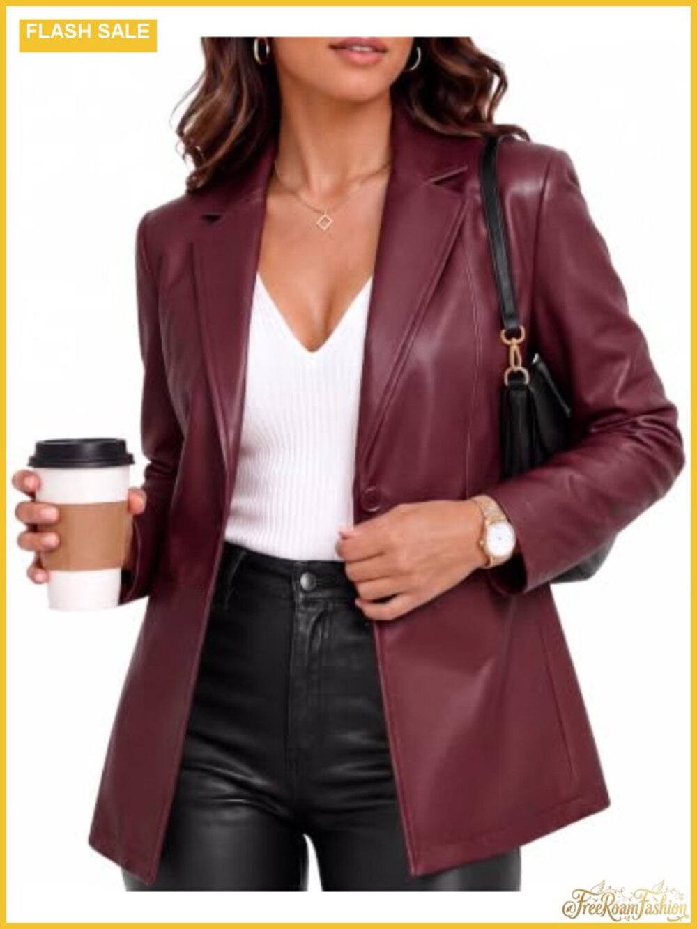 Slim Fit Faux Leather Blazer Dress Suit Jacket
